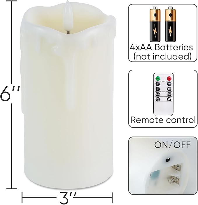 Raycare 6"x3" Dripping Wax Flameless Candles, Battery Operated LED Candles with Remote Control and Timer, Electric Fake Plastic Pillar Candles, Set of 2
