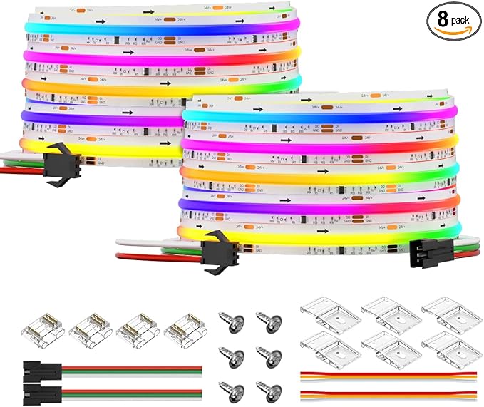 BTF-LIGHTING FCOB WS2811 IC RGB COB LED Strip DC24V 720LED/m Flexible High Density Uniform Chasing Color Light 2X16.4FT Total 32.8FT 20IC/m 12mm Width(No Adapter or Controller)