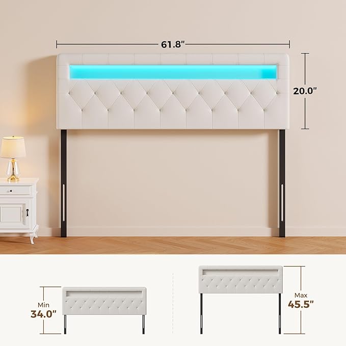 GREENSTELL Headboard for Queen Size Bed with 60,000 DIY Color of LED Light, USB & Type C Post, Upholstered, Height Adjustable, Sturdy, Easy Assembly, Wall Mounted Head Boards Only, White