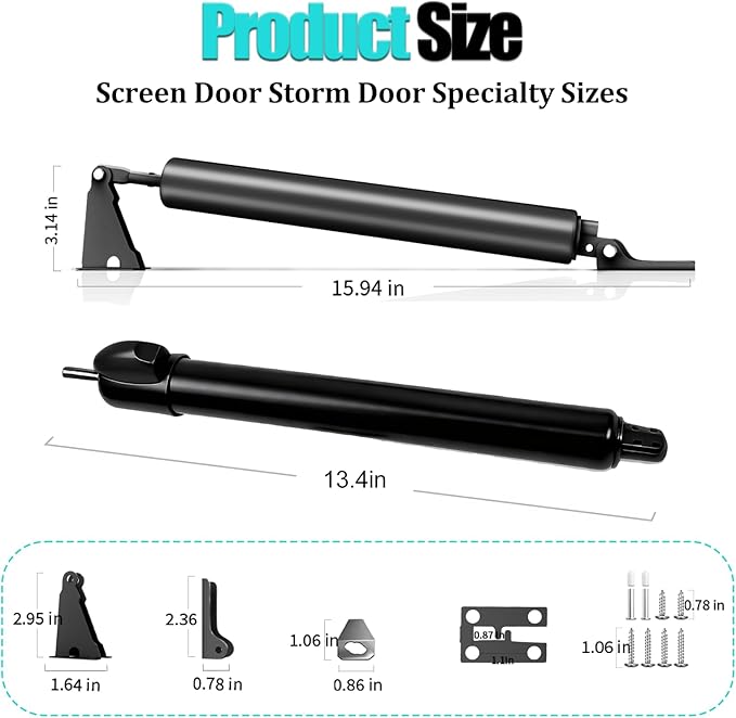 Screen Door Closer,Storm Door Closer -Lasts for 10 Years Heavy Duty - for (Medium and Heavy Weight) Storm, Screen, & Security Doors - New Doors or Replacement for Previous Units (Black)