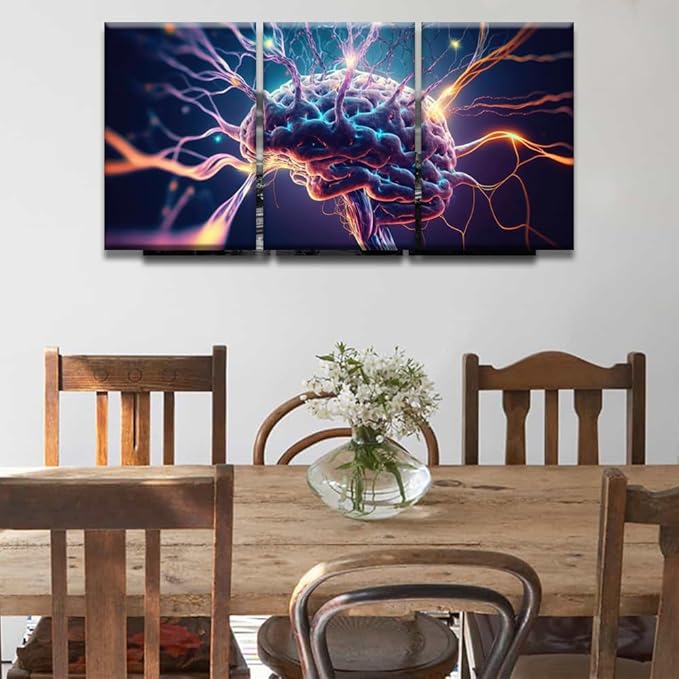LSIUHWUWI Wall Art Painting Artificial Intelligence, Human Brain Neurons Firing and Neural Extensions Pictures Print on Canvas 3 Panel Canvas Wall Art Artwork Ready to Hang 16x24inchx3