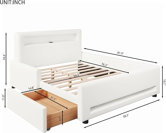 MERITLINE Full Size Upholstered Platform Bed with Drawer, App-Controlled RGB LED Light Strip & USB Port, PU Fabric Storage Bed (White) | LED light, Storage Drawer