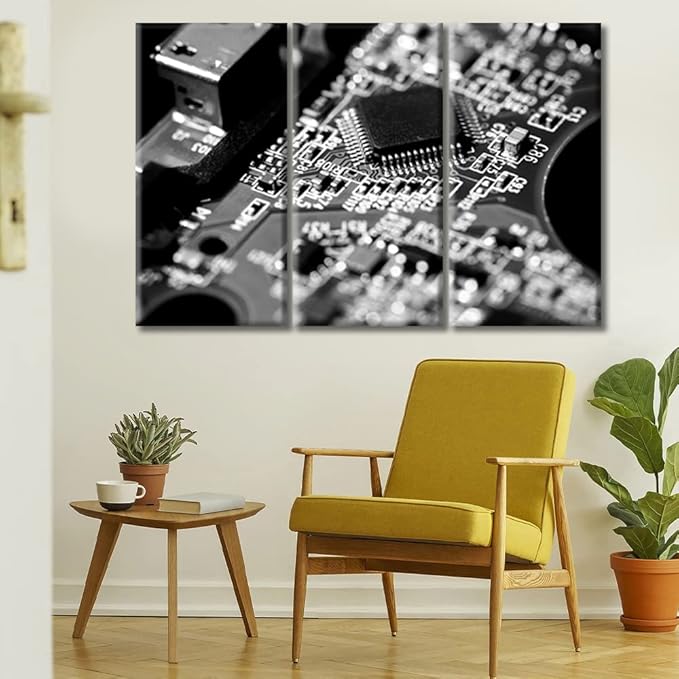 3 Panel Motherboard Digital Chip Poster Black and White Wall Decor Circuit Board Wall Decor for Bedroom CPU Concept Wall Art Giclee Wooden Framed Gallery-Wrapped Ready to Hang (36" Wx24 H)