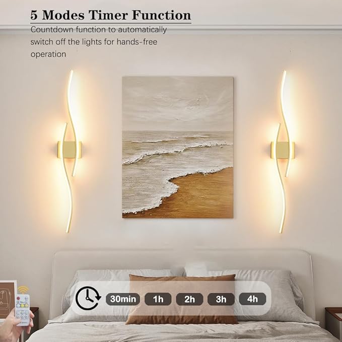 Modern Wall Sconces Set of 2, Dimmable LED with Remote Control, Gold Indoor Wall Sconce, Hard Wired Wall Lights for Living Room, LED Wall Decor for Hallway, Bedroom, 40.5"in, 3 Color, Timer, Memory