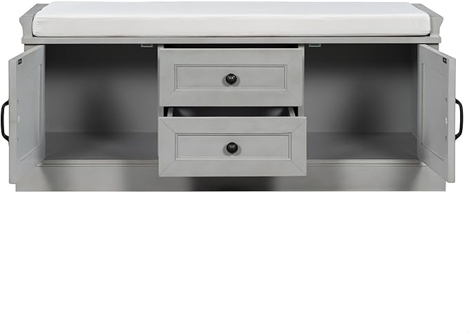 GDFStudio Rustic Storage Bench with 4 Doors 2 Draws Adjustable Shelves Removable Cushion Rectangular Cabinet Foot Rest Stool Solid Wood Shoe Bench Seating for Entryway Living Room, Gray Wash