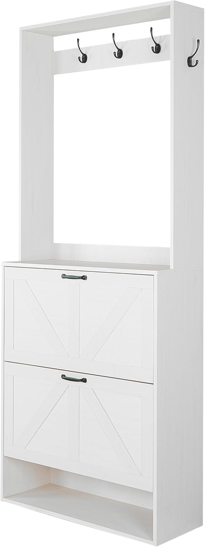 Betoko Hall Tree with Shoes Storage,Farmhouse Entryway Coat Rack Wooden Hallway Mudroom Tree Bench Corner Tree Cabinet with 5 Coat Hooks and 2 Shoes Cabinets and Open Shelf(Rustic White)