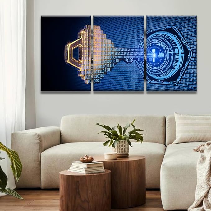 Modern Wall Art for Living Room Multi Panel Wall Decor A Key Formed from Binary Code Goes Into an Abstract Lock Picture Poster Artwork Stretched Framed Gallery-Wrapped Ready to Hang, 16x24inchx3