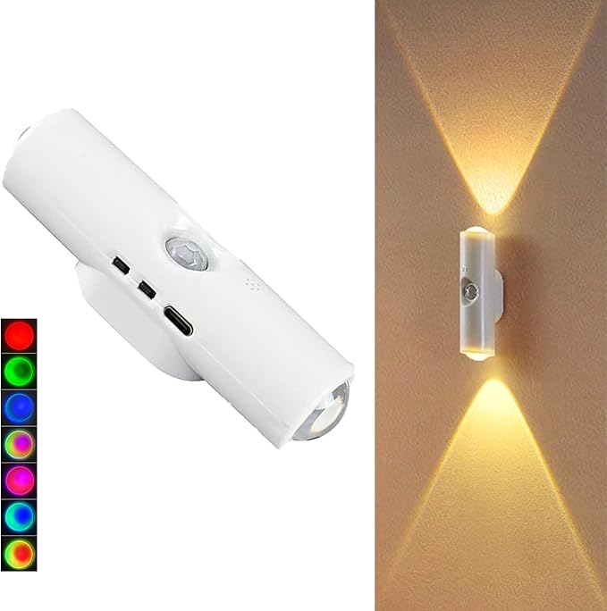 Motion Sensor Wall Lamp - Smart Indoor Night Light Wall Light, Stair Light Rechargeable Sensor Bathroom Light for Bathroom, Bedroom, Living Room, and Courtyard (1Pcs,White, 7 Colors)