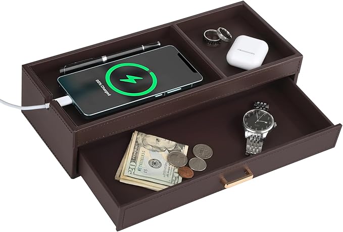 HofferRuffer Valet Jewelry Tray Organizer with Drawer, Faux Leather Storage Catchall Box Phone Charging Station Tray with Dresser Nightstand Desktop Drawer Organizer (Dark Brown)