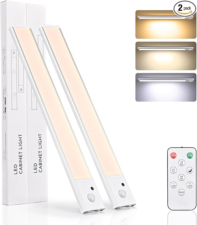 Under Cabinet Lighting 2 Pack, Wireless Motion Sensor LED Light, USB Rechargeable, Remote Control, 3 Color Dimmable, Magnetic Mount, Timer Function, 8-50 Days Runtime for Kitchen Cupboard Closet