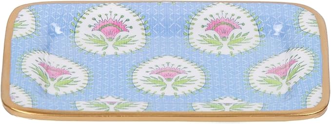 Jaye’s Studio Decorative Trinket Tray, Jewelry Plate, Catchall Dish for Bathroom, Dresser, Nightstand, Entryway, Blue and Pink, Chinoiserie Dish, Gold Tray, Daphne Laney Collection