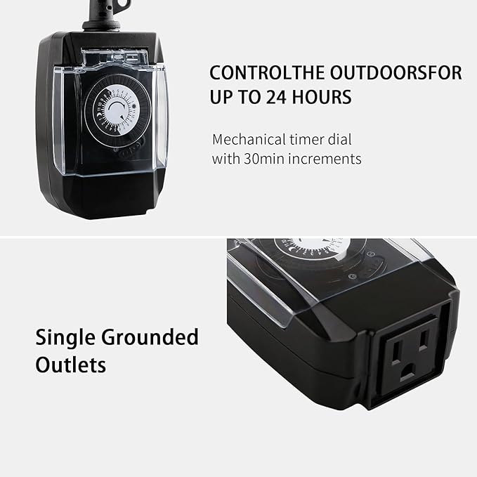 Outdoor Timer Outlet Waterproof, 24 Hour Mechanical Timer Outlet for Home and Garden, Single Grounded, 15A 3/4HP, Black, 2 Pack