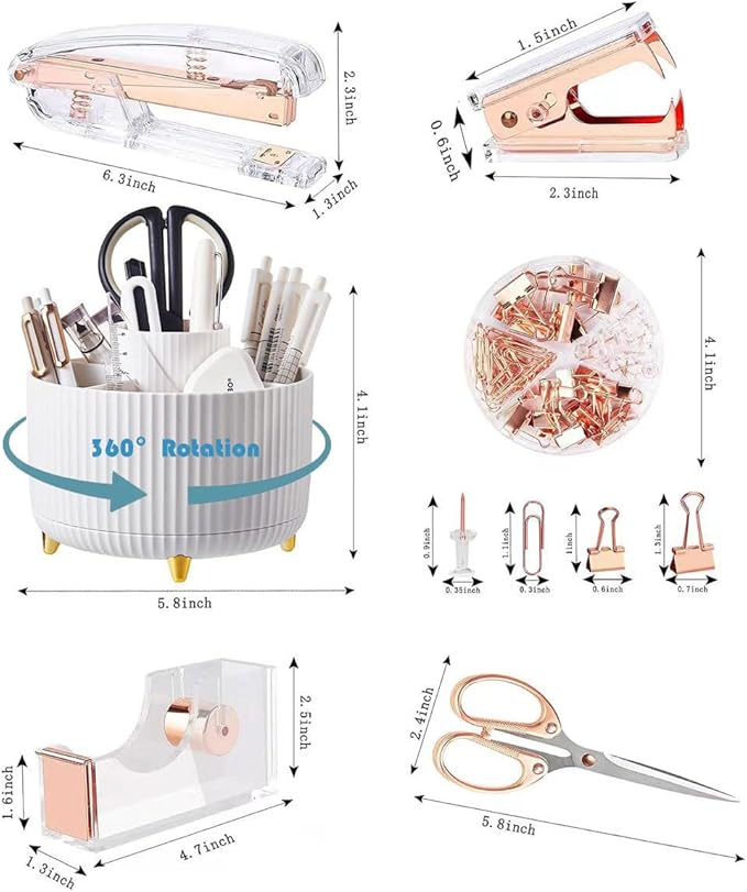 Pink Desk Organizers and Accessories Set with 360-Degree Rotating Pen Holder, Acrylic Stapler, Tape Holder, Staple Remover, Binder/Paper Clips Kit, Scissor and 1 Box of Staples