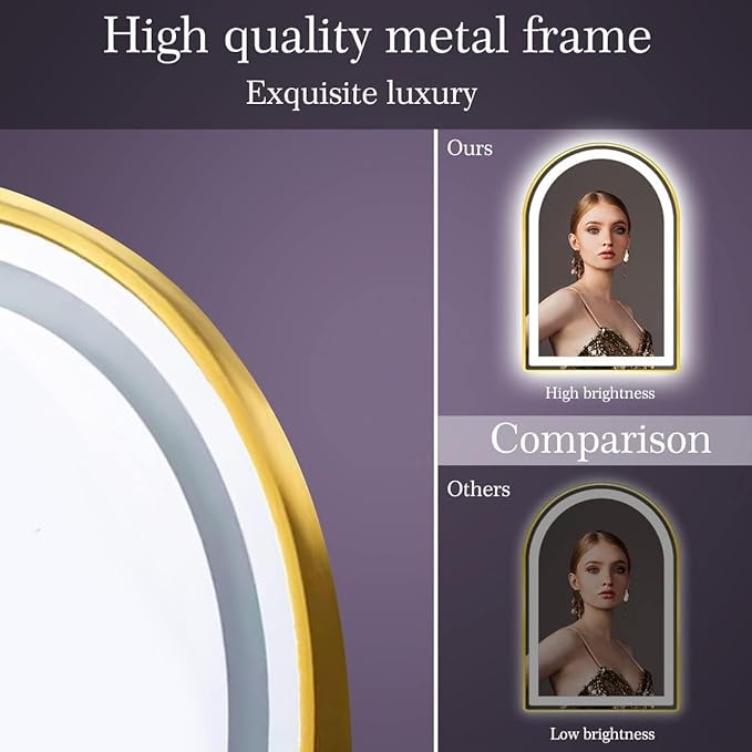 24 x 32 Inch Gold Arch LED Lighted Vanity Mirror for Bathroom Wall Makeup Desk Table Gold Arched Mirror with Lights AntiFog 3 Color Dimmable Bathroom 32in Gold Arched Smart Light up Mirror
