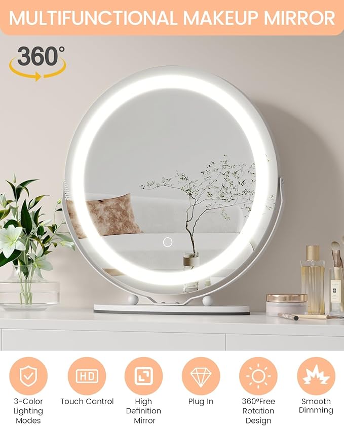 IDEALHOUSE 19 inch Makeup Mirror with Lights, Vanity Mirror with Smart Touch Control 3 Colors Dimmable Lights, 360°Rotation White Vanity Mirror for Bedroom, Tabletop and Desk Mirror