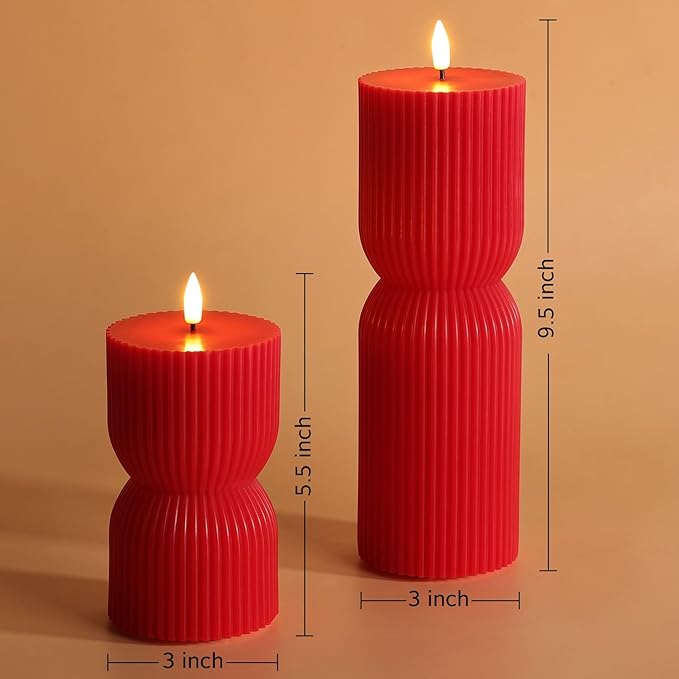 Red Ribbed Flameless Pillar Candles with Remote, Battery LED Wax Candles Flickering Valentines Day Decor Gift Set of 2