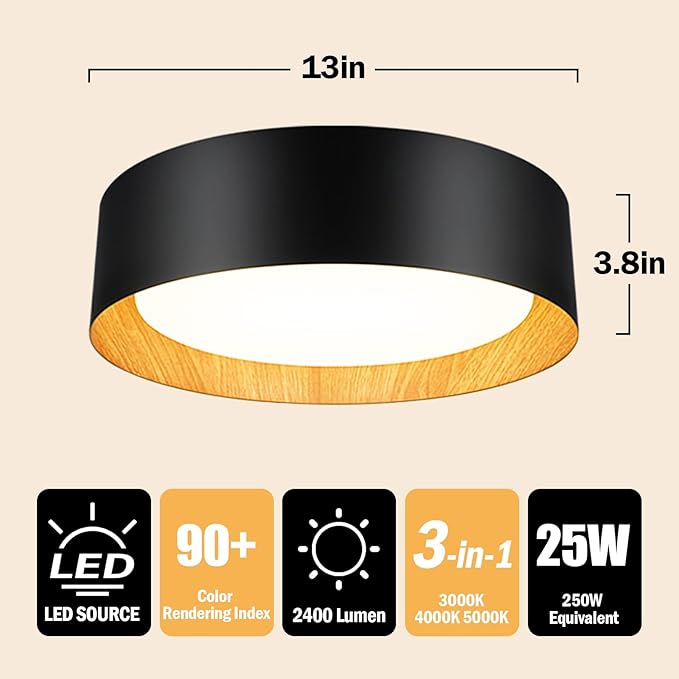 Flush Mount Ceiling Light, 13in 250W Equivalent LED Ceiling Light Fixture, 3CCT Adjustable 3000K 4000K 5000K, Dimmable Black and Wood Modern Ceiling Lamp for Bedroom Bathroom Hallway