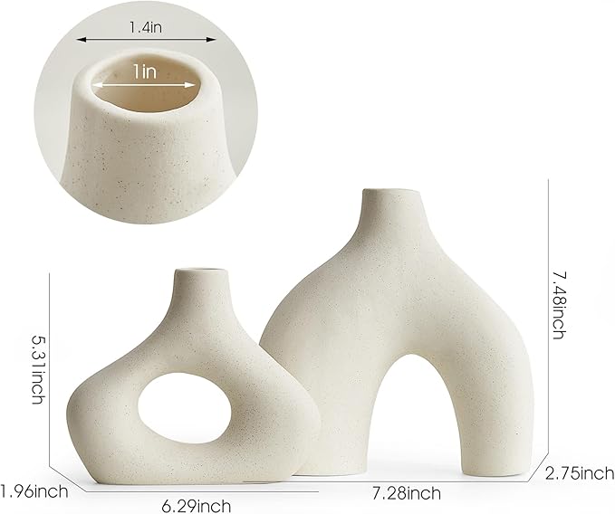 AWNR White Ceramic Vase Set of 2 for Modern Home Decor, Minimalist Round Donut Flowers Vase for Centerpieces Unique Neutral Boho Vase for Living Room Tv Stand Dining Room Dinner Table Decoration