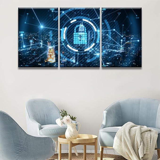 3 Panel Modern Wall Art Data Safety Security Concept Double Exposure Poster on Canvas for Bedroom Living Room Wall Decoration, Cloud Services Artwork Giclee Framed Ready to Hang, 16x24inchx3