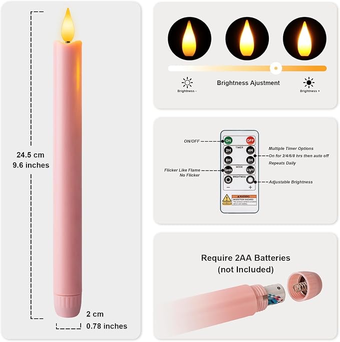 LED Advent Candles Set of 5, Flameless Taper Candles with Remote, Battery Operated Taper Candlestick Flickering, 3 Purple, 1 Pink, 1 White for Christmas Wreath