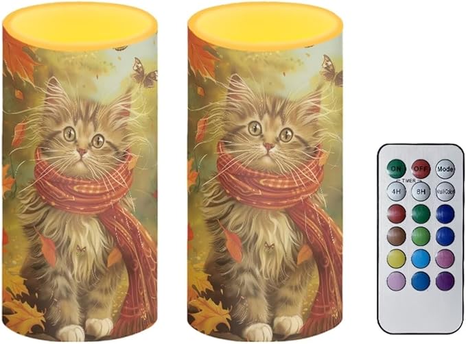 Cat Maple Leaf Battery Candles with Remote Control Fall Decor Flameless Candles Autumn Pillar Candle LED Fake Candles Color Changing for Thanksgiving Decorations Indoor Home Room Party