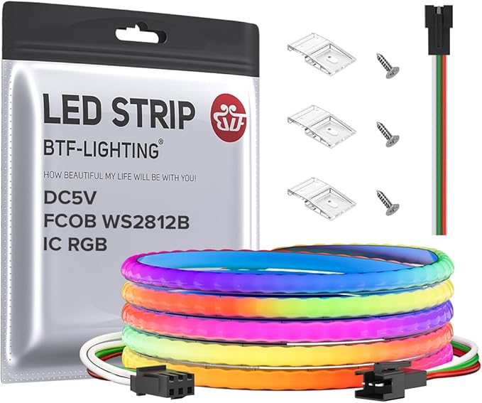 BTF-LIGHTING FCOB COB XGB1338(WS2812B) IC RGB 160LED/m 320IC LED Strip DC5V 6.5FT Individual Addressable Flexible High Density Uniform Light Dream Chasing Color 0.19in Width(NO Adapter or Controller)