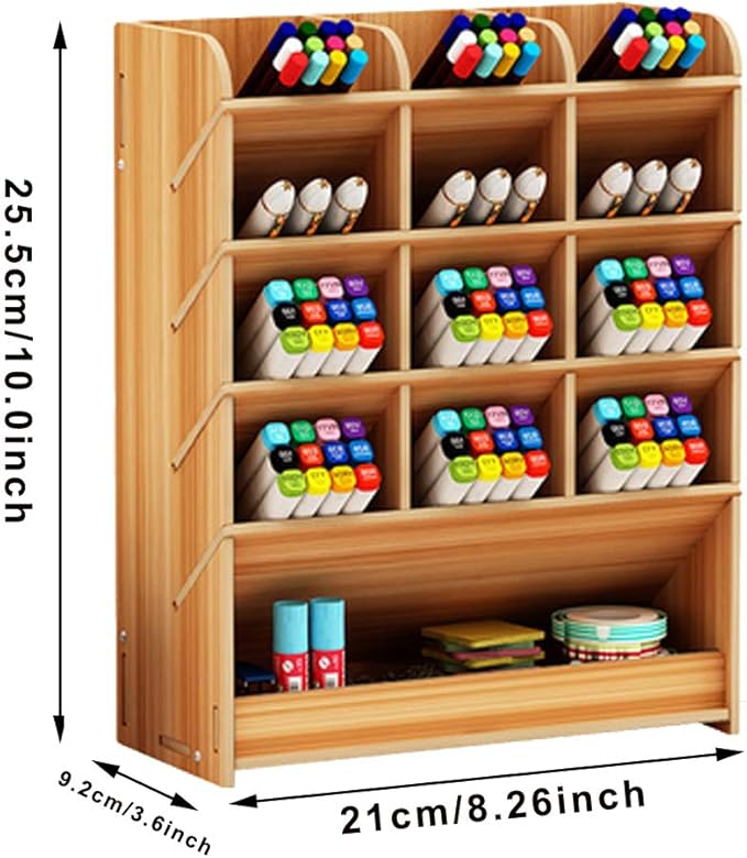 Marbrasse Wooden Pen Organizer, Multi-Functional DIY Pen Holder Box, Desktop Stationary, Easy Assembly, Home Office Art Supplies Organizer Storage with Drawer (B12-Cherry Color)