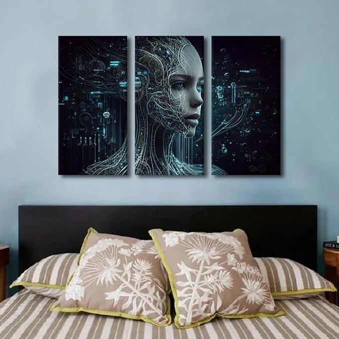 3 Pieces Colorful Canvas Wall Art Future Technology Posters Artificial intelligence Canvas Print Kit for Home Office Wall Decoration Wooden Framed Gallery-Wrapped Ready to Hang, 42" Wx28 H