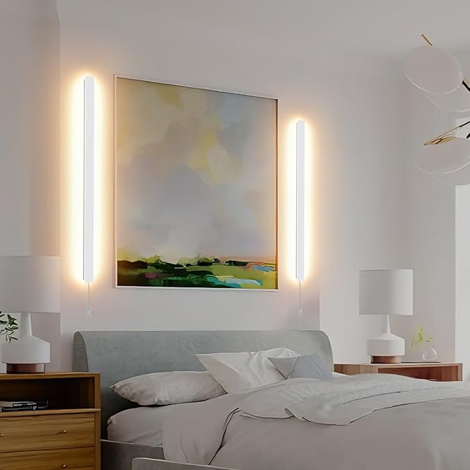 Modern Plug in Long Wall Sconce, 39.3" White Matte LED Wall Lights, 20W Warm White 3000K Acrylic Indoor Wall lamp, with 59" Plug Cable for Bedroom, Living Room, Hallway