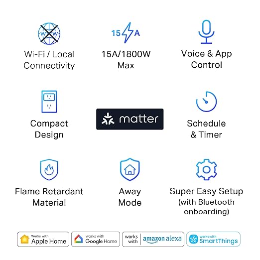 TP-Link Tapo Matter Compatible Smart Plug Mini, Compact Design, 15A/1800W Max, Super Easy Setup, Works with Apple Home, Alexa & Google Home, UL Certified, 2.4G Wi-Fi Only, White, Tapo P125M