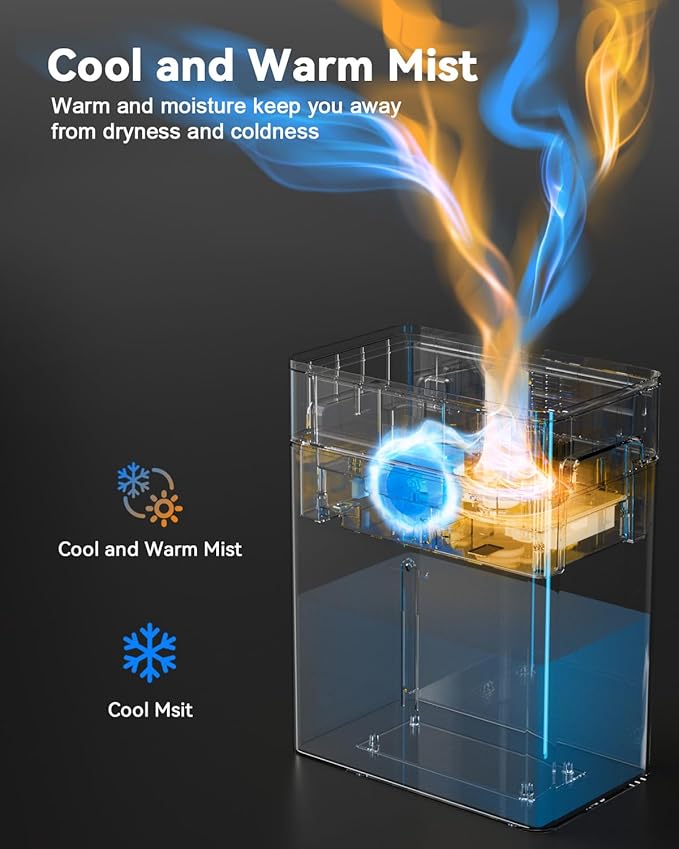 Humidifiers for Bedroom Large Room 10L/2.64Gal, Warm and Cool Mist Humidifier Large Room, Simulated Flame Humidifier Light, 12H Timer, 3 Speed, Top Fill, 1000sq.ft for Baby/Plant/Office