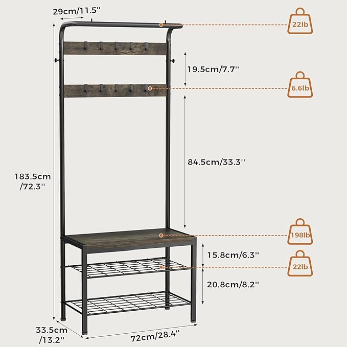 NEWBULIG Hall Tree with Shoe Bench and Coat Rack, 4-in-1 Entryway Organizer with 10 Hooks and Storage Shelf, Rustic Wood Finish Entryway Bench for Mudroom, Living Room, Bedroom