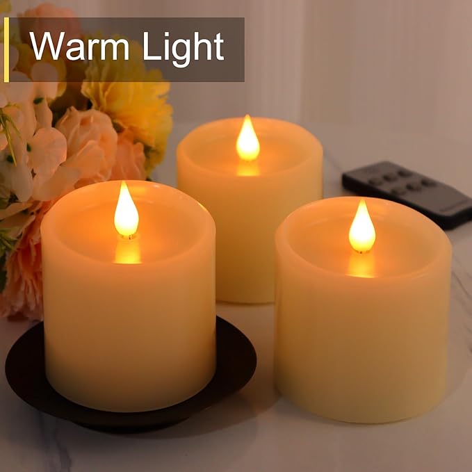 Flameless Candles with Timer, Flickering LED Candles Battery Operated with Remote, 3D Moving Flame, Real Wax 3" x 3" Electric Fake Candle for Home Party Decorations, 3 Pack