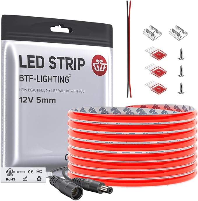 BTF-LIGHTING FCOB COB LED Strip Red Color 5mm Width UL Listed Super Narrow Flexible Uniform Light DC12V 16.4FT CRI 90+ Dimmable LED Ribbon for Bedroom Home Indoor Decor(No Adapter or Controller)