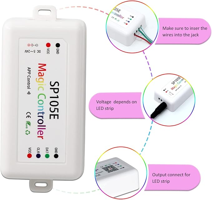 SP105E Led Controller, Ws2812b Controller for Smart IC Led Lights Like Ws2811 SK6812 Ws2815 Ws2813 APA102, Wireless Bluetooth Addressable LED Controller for Indoor Use