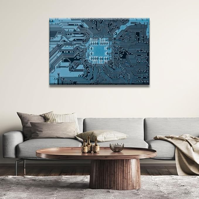 LSIUHWUWI Blue Electronic Circuit Canvas Wall Art Technology Science Poster Artwork Pictures for Bedroom Canvas Wall Art Stretched and Framed Ready to Hang 24X36 INCH