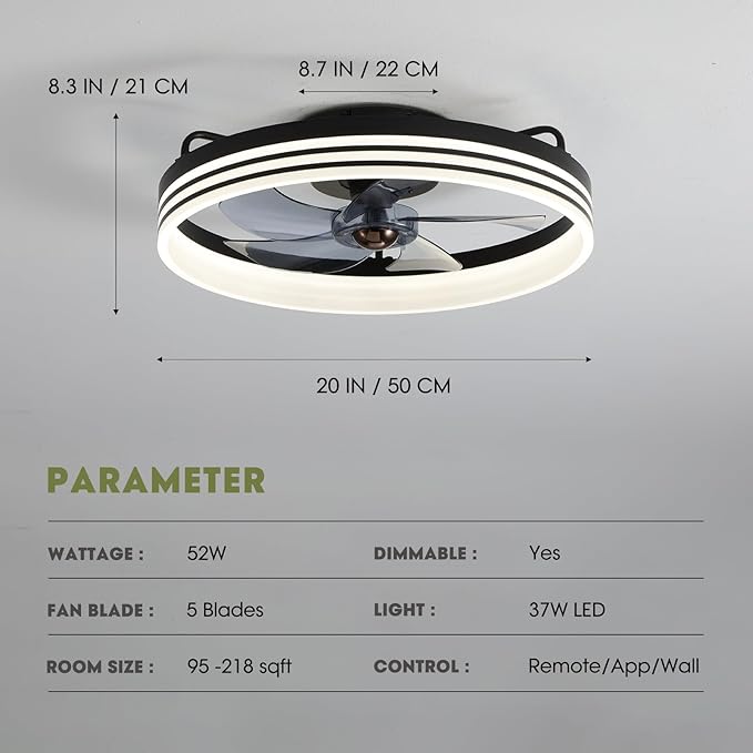 Ceiling Fan with Light, Flush Mounted Ceiling Fan with Lights, 6 Wind Speeds Smart Low Profile Fan for Bedroom, Kids Room and Living Room 20" (Black)