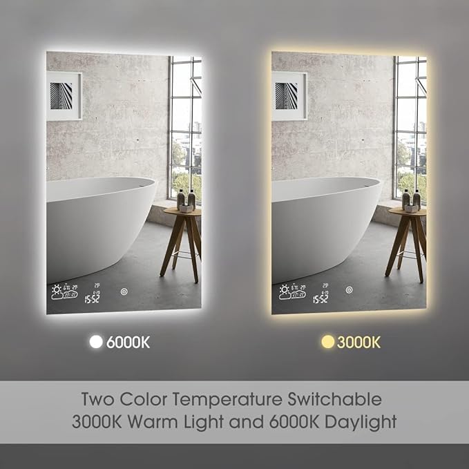 24x36 LED Bathroom Mirror with Bluetooth Wi-Fi Enabled Weather Display, Backlit Lighted Smart Vanity Mirror for Bathroom Wall with 2 Colors Dimmable, Anti-Fog, Touch Sensor- - Vertically Hang Only