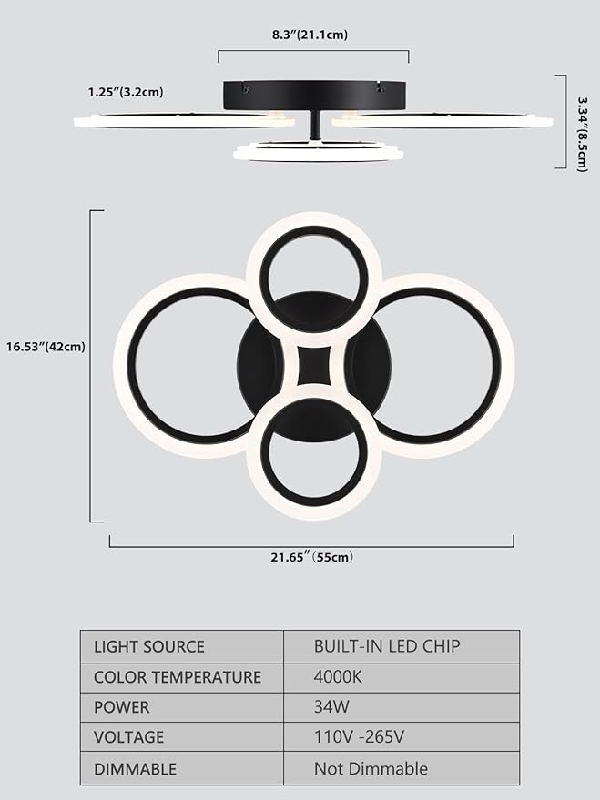 Vikaey Modern LED Flush Mount Ceiling Light, 4 Rings Black Close to Ceiling Light Fixtures, Kitchen Lighting Fixture Ceiling Lamp for Bedroom, Living Room, Laundry Room, 4000K Not Dimmable