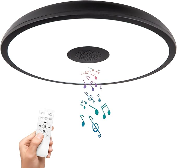 Black Waterproof LED Flush Mount Ceiling Light Fixture,with Bluetooth Speaker,11 Inch,18 watt,Dimmable Music Lamp,RGB Color Changing Light with Remote Control,for Bathroom,Shower,Bedroom