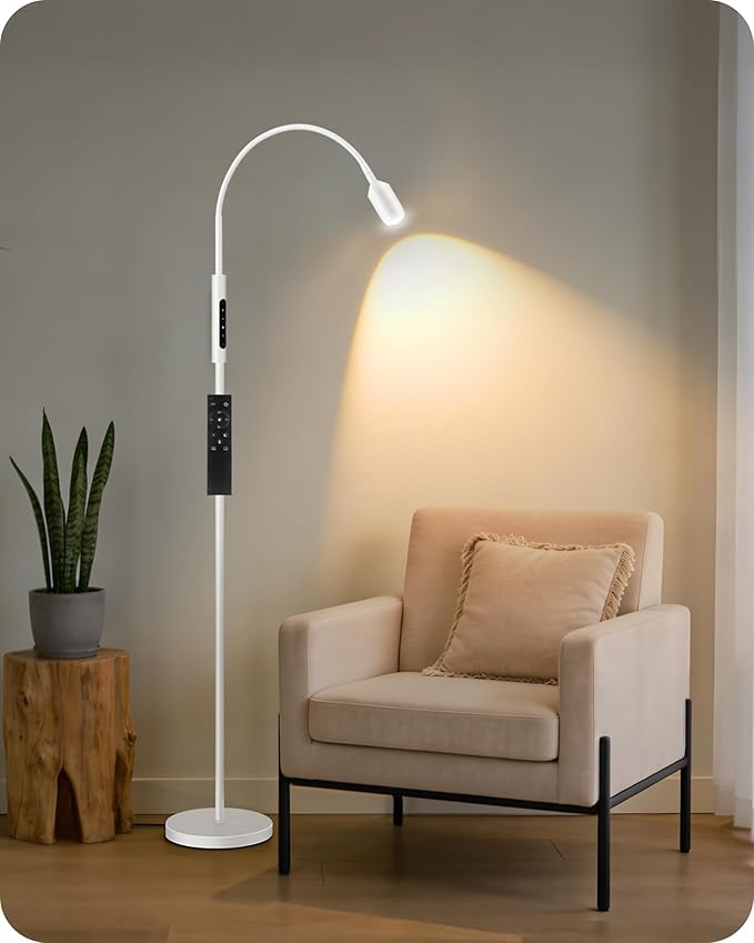 Reading Floor Lamp, 74.2" Tall LED Lamp, with 360° Flexible Gooseneck & Touch & Remote Control, Ajustable Color & Beam, Crafts Standing Lamp, for Reading, Task Craft, Living, White WW16LD05