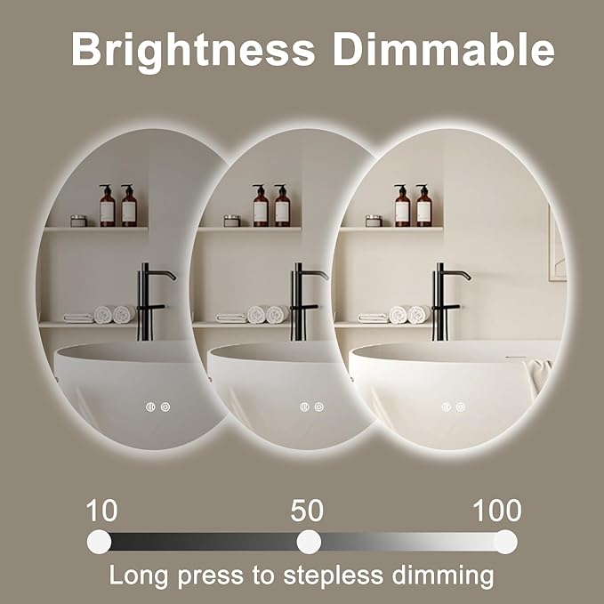 28 X 20 Inch Oval Backlit LED Bathroom Mirror Anti-Fog 3 Colors Light Dimmable Wall Mounted Lighted Bathroom Vanity Mirror Smart Makeup Mirror with Touch Switch
