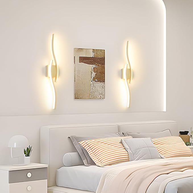 Modern Gold Wall Light Fixture Set of 2, RC Dimmable LED Wall Light Indoor, LED Wall Decor for Hallway Bedroom Living Room, Hardwired Wall Sconce with Remote Control, 27.56" in, Timer, Memory