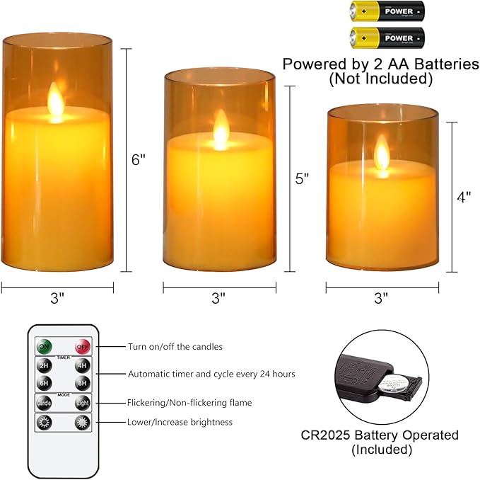 Wondise Flameless Flickering Candles with Remote and Timer, Battery Operated with Moving Wick, Glass LED Candles with Real Wax for Halloween Christmas Home Dinner Decoration (Gold