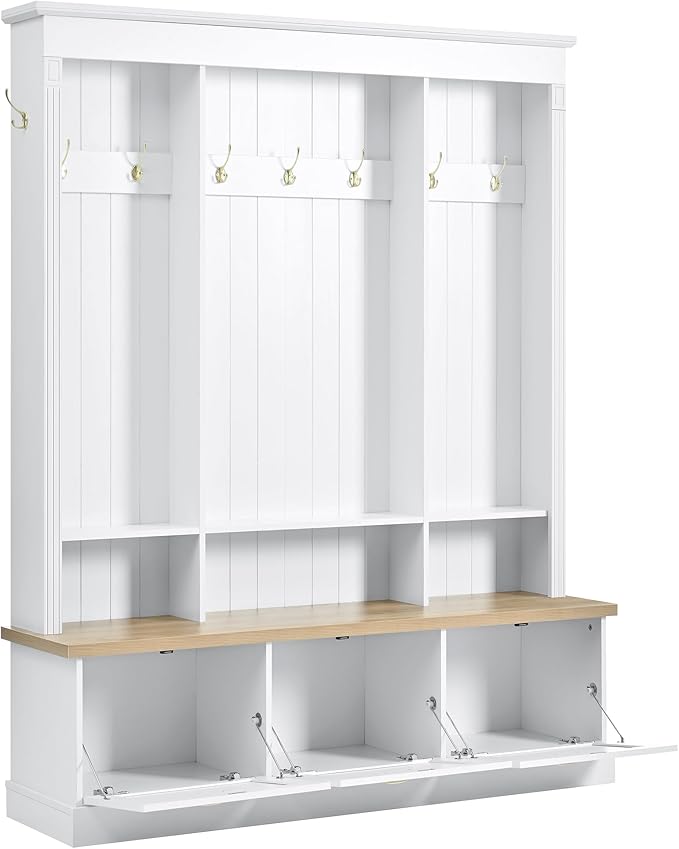 LUMISOL Hall Tree with Storage Bench and Shoe Storage, Coat Rack with Shelves and 9 Hooks, LED Light Entryway Bench with 3 Large Cabinets, for Entrance Mudroom Living Room, White