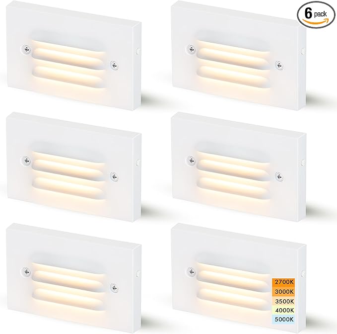 CLOUDY BAY 4 Inch 5CCT 12V 4W Low Voltage LED Step Light with Horizontal Louvered Faceplate for Steps Decks Stairs,Outdoor Stair Lights,Wet Locations,6 Pack,White