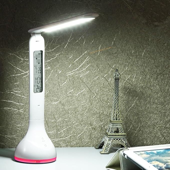 IHAO 7-Color Gradient Ambient Desk Lamp with LED Display Eye-Caring LED Table Lamp with Calendar, Temperature Display, Multi-Angle Adjustable Modern Office Lamp for Home & Office T19A White