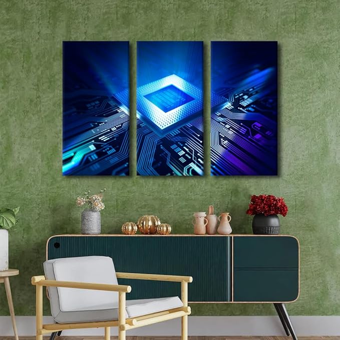 3 Panel Wall Art CPU Concept Painting Print On Canvas Pictures for Bedroom Circuit Board Home Decor Technology Digital Art Contemporary Artwork Paintings Stretched Frame Ready to Hang(24"Wx36"H)