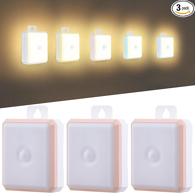 Motion Sensor Night Light Indoor - Cordless Battery Powered Under Cabinet Lighting, Stick-on Magnet LED Closet Lights, Safe Light for Stairs, 4000K Nightlight 3-Pack (Pink)