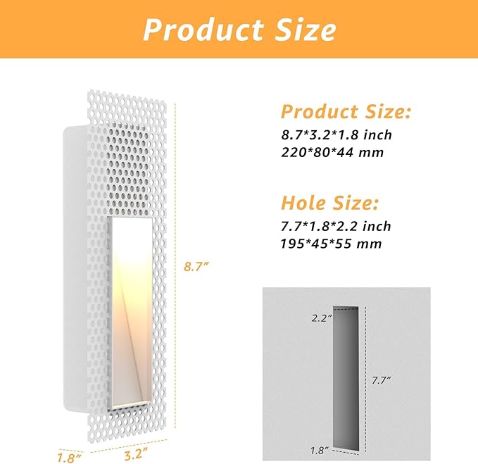 4 Pack Trimless Recessed Step Lights, 2W 3000K Warm White Wall Light, Indoor Rectangle Skirting Board Lighting, Invisible Stair Lights for Hallway, Bedroom, Staircase (No Dimming)